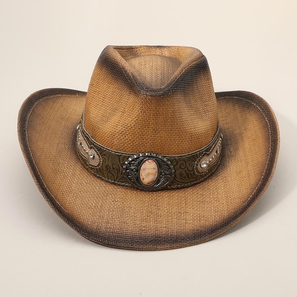 Black Stone Stud Leather Band Ornate Brim Western Straw Hat main image 4